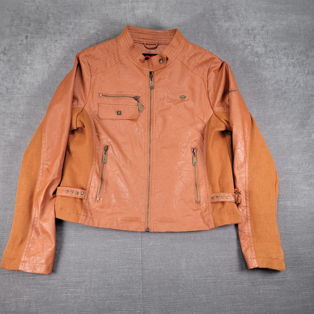 Ecko Unltd Y2K Vintage Moto Jacket Faux Leather Knit Sleeve Full Zip Brown